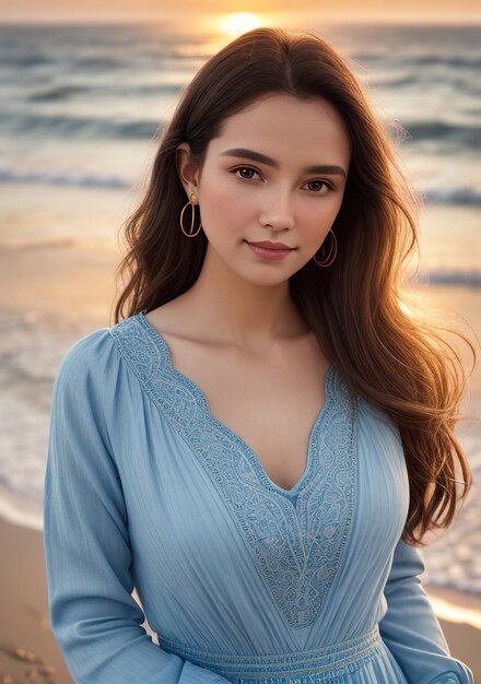 Mulher bonita com vestido azul claro na praia com pôr do sol na primavera IA generativa