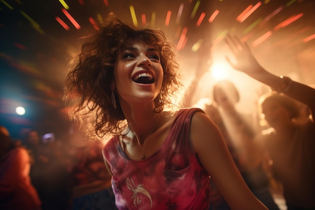 Foto mulher bonita dançando alegremente na festa noturna