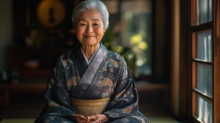 Foto mulher bonita de 70 anos do japão em trajes tradicionais