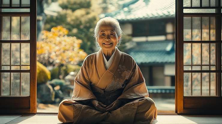 Foto mulher bonita de 70 anos do japão em trajes tradicionais