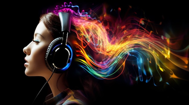 Mulher bonita de moda com fones de ouvido ouvindo música sobre ondas de néon de cor e linhas de fundo no estúdio
