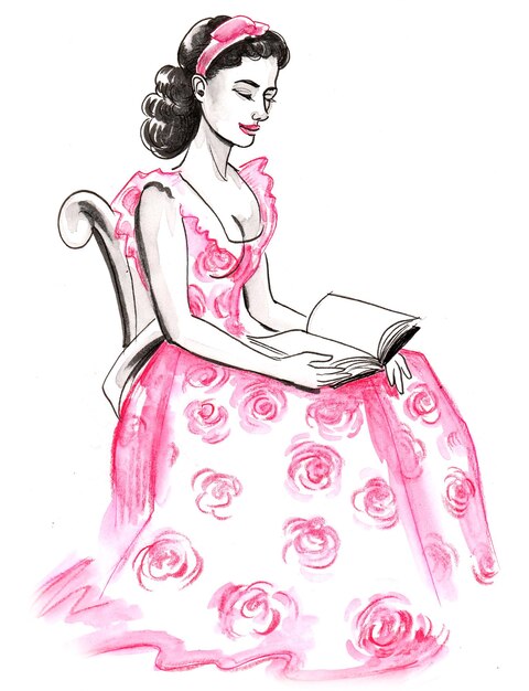 Mulher bonita de vestido rosa, lendo um livro. Desenho a tinta e aguarela