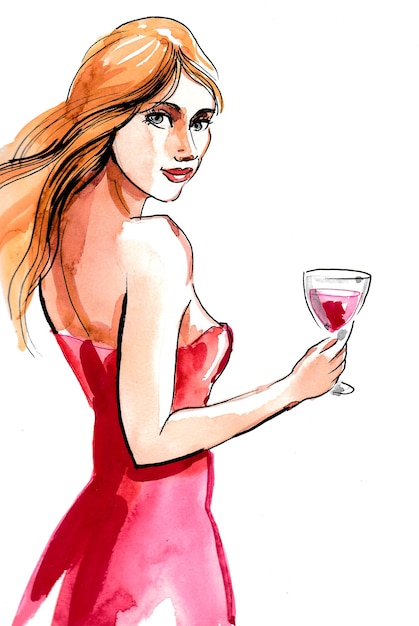 Mulher bonita de vestido vermelho com um copo de vinho tinto. Desenho a tinta e aguarela