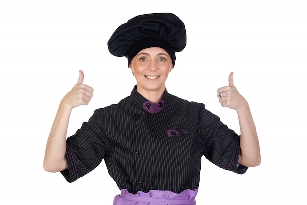 Foto mulher bonita do cozinheiro que diz está bem no fundo branco