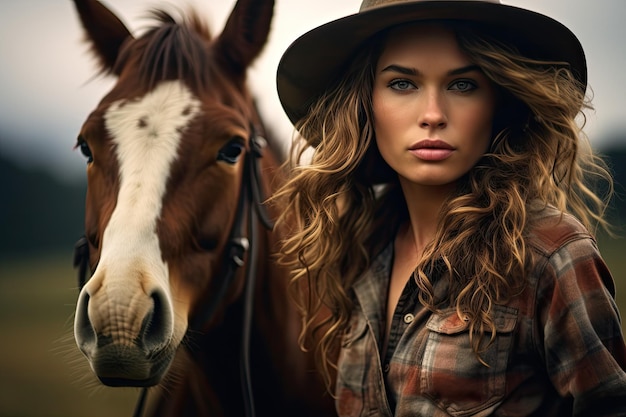 Mulher bonita do fazendeiro com cavalo