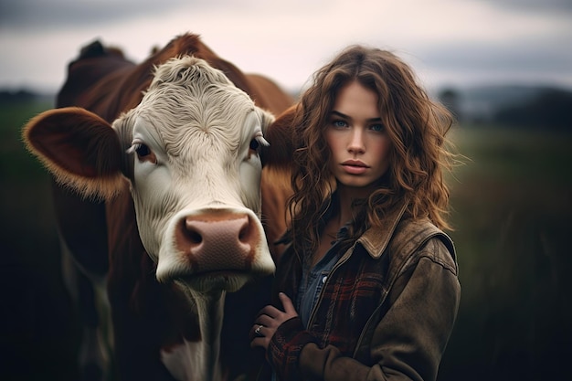 Mulher bonita do fazendeiro com vaca