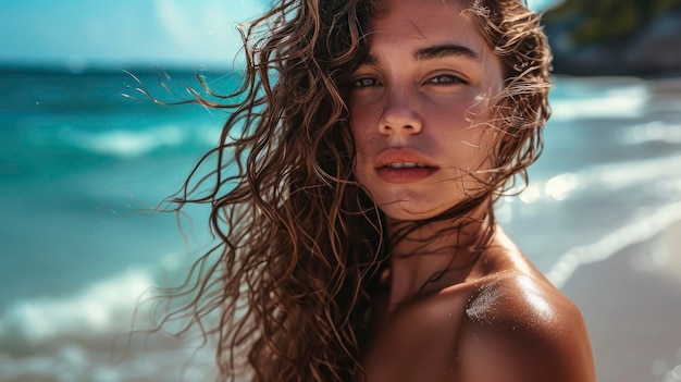 mulher bonita e apaixonada com cabelos compridos enrolados posando na praia do paraíso em vestido curto