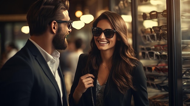 Mulher bonita e homem experimentando óculos em uma loja de óptica menina surpresa decidindo qual par de óculos usar