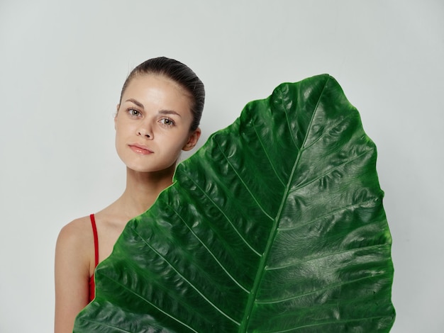 Foto mulher bonita em fato de banho vermelho folha de palmeira trópicos vista recortada foto de alta qualidade