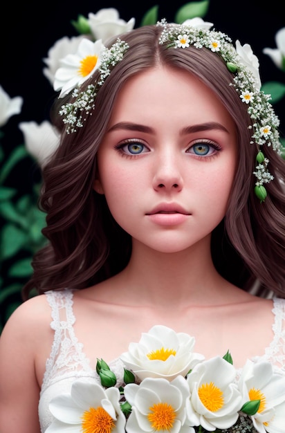Mulher bonita em margaridas Retrato de modelo bonito com composição de camomila Generative AI