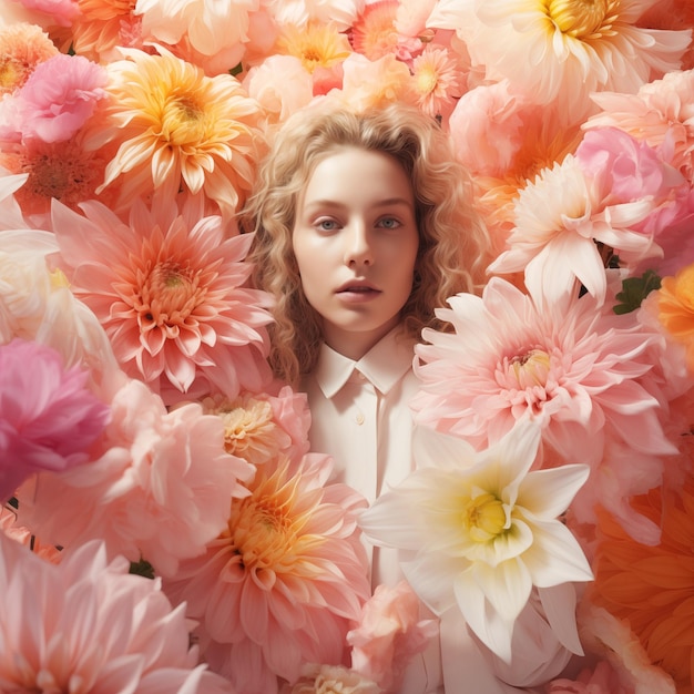 Foto mulher bonita em meio a um vibrante conjunto de flores em um fundo colorido