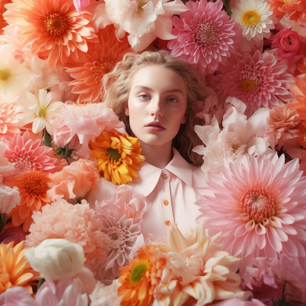 Foto mulher bonita em meio a um vibrante conjunto de flores em um fundo colorido