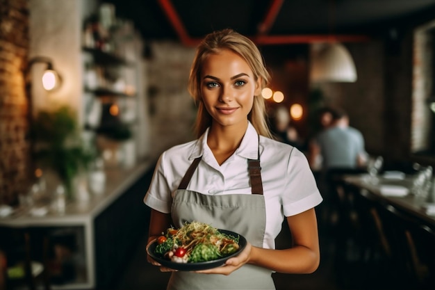 Mulher bonita em pé garçom de comida sorrindo trabalho dentro de casa retrato de restaurante segurando IA generativa