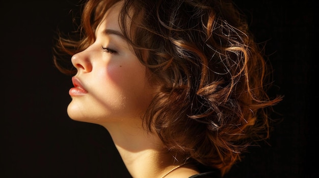 Mulher bonita em perfil cabelo ondulado brilhante modelo de beleza penteado rizado moda e maquiagem ênfase AI Generative