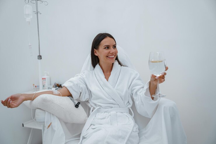 Foto mulher bonita em roupão branco bebe água durante procedimento médico em clínica de beleza