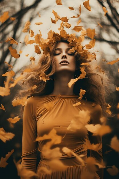 Mulher bonita em roupas de moda com folhas de outono