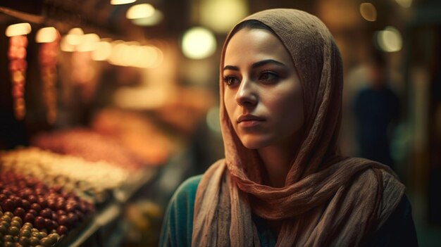 Mulher bonita em um fundo desfocado do mercado modelo de foco seletivo