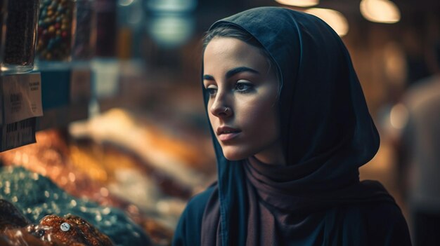 Mulher bonita em um fundo desfocado do mercado modelo de foco seletivo