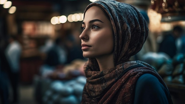 Mulher bonita em um fundo desfocado do mercado modelo de foco seletivo