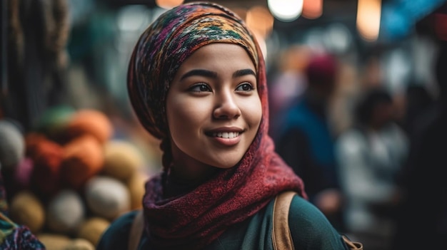 Mulher bonita em um fundo desfocado do mercado modelo de foco seletivo