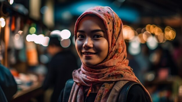 Foto mulher bonita em um fundo desfocado do mercado modelo de foco seletivo