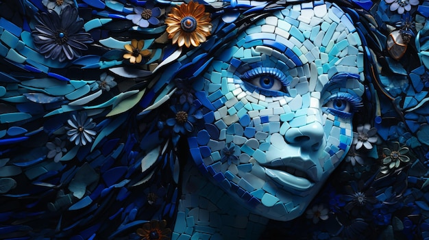 Mulher bonita em um mosaico azul da natureza