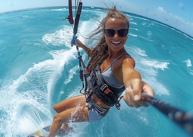 Foto mulher bonita fazendo selfie durante um passeio de kitesurf em um dia de verão ensolaradomacroai generative