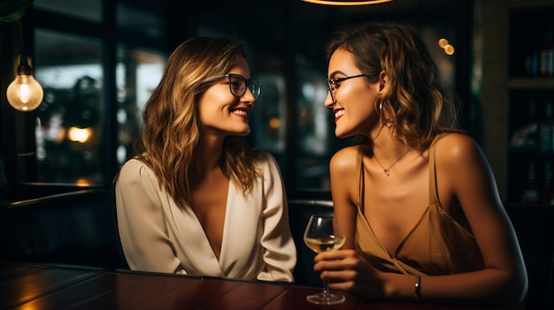 mulher bonita feliz com copos de champanhe e sorrindo para a câmera enquanto está sentada em um bar