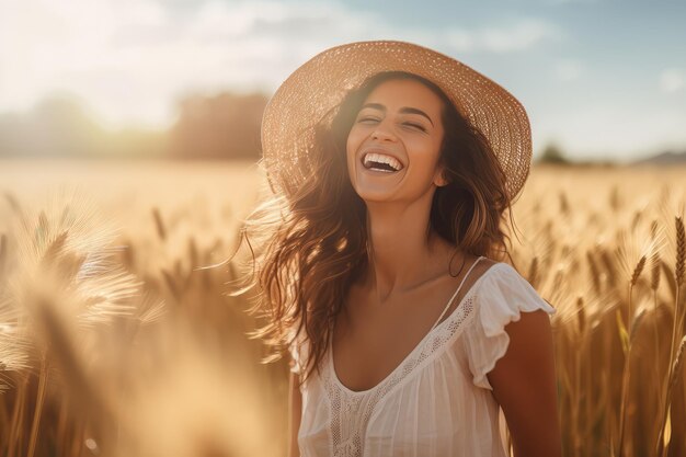 Mulher bonita feliz sorrindo em um campo de trigo