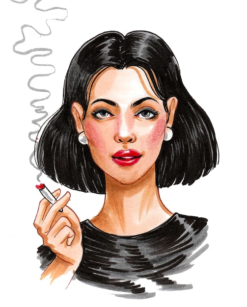 Mulher bonita fumando maconha comum. Desenho a tinta e aguarela