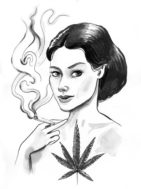 Mulher bonita fumando maconha comum. Desenho de tinta preto e branco