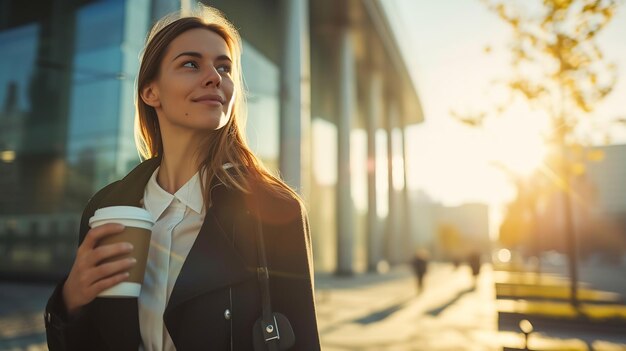 Foto mulher bonita indo para o trabalho com café caminhando perto de edifício de escritórios retrato de ia generativa