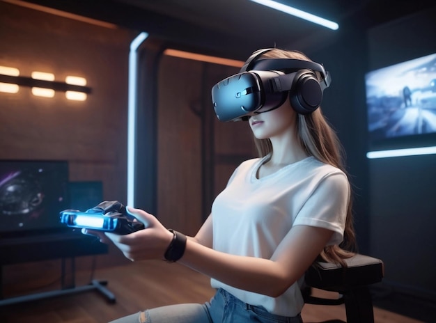 mulher bonita jogando jogo de realidade virtual dentro de casa estúdio de jogos