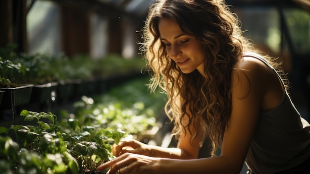 Mulher bonita jovem cuidando de plantas