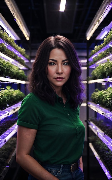 Mulher bonita na IA generativa de planta de cultivo vertical de LED