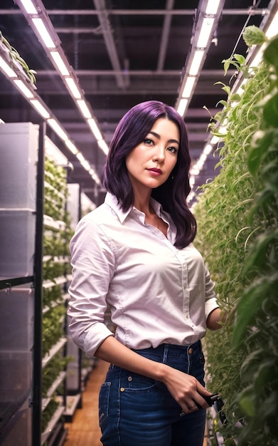 Mulher bonita na IA generativa de planta de cultivo vertical de LED