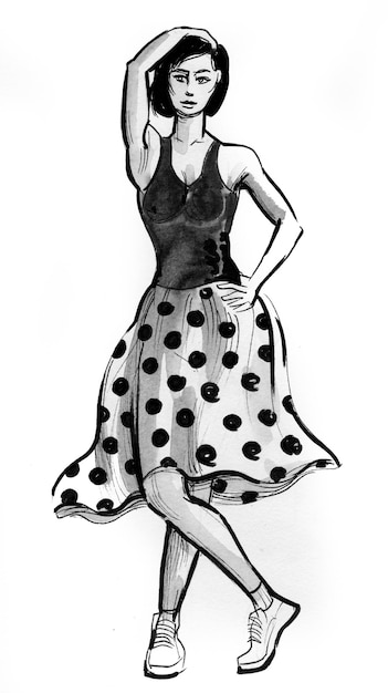 Mulher bonita no top preto e saia de bolinhas. Desenho a tinta e aguarela.