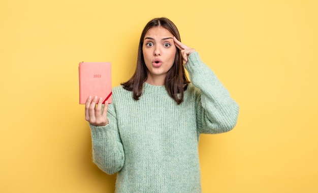 mulher bonita olhando surpreso, percebendo um novo pensamento, ideia ou conceito. conceito de planejador