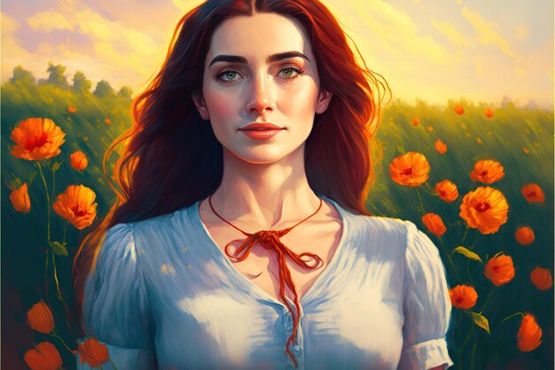 Mulher bonita parada no campo de flores em um dia de verão ilustração de estilo de arte digital pintura ilustração de fantasia de uma linda garota parada em um prado