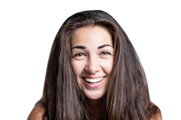 Mulher bonita rindo Otimismo de positividade e emoções Isolado em fundo branco Closeup