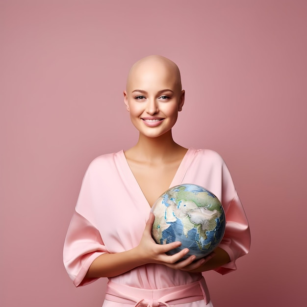 Mulher bonita segurando globo terrestre com sorriso de câncer conceito de dia mundial do câncer