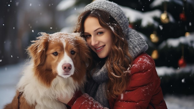 Mulher bonita segurando um cachorrinho com uma decoração de natal aconchegante Decoração dourada e vermelha aconchegante