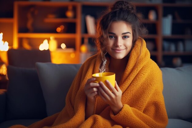 Foto mulher bonita segurando uma caneca de café e sentada aconchegada em casa.