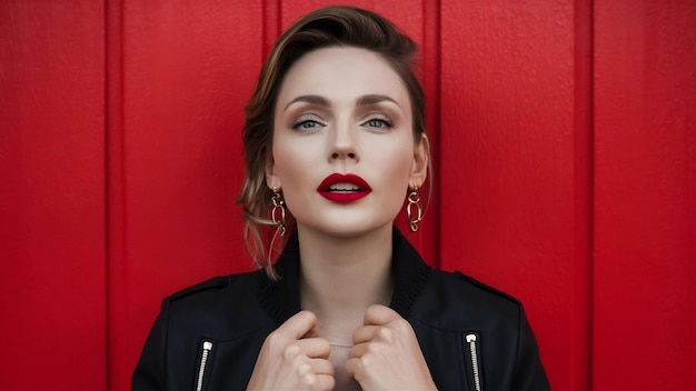 Mulher bonita sensual com lábios vermelhos usando brincos de ouro e casaco preto posando sobre a parede vermelha