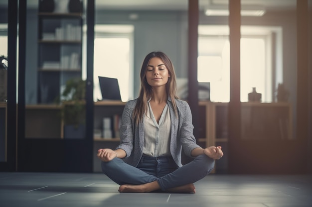 Mulher bonita sentada em uma postura de meditação com os olhos fechados e um sorriso em um escritório moderno que pode evocar uma sensação de relaxamento mindfulness e equilíbrio entre vida profissional e ia generativa