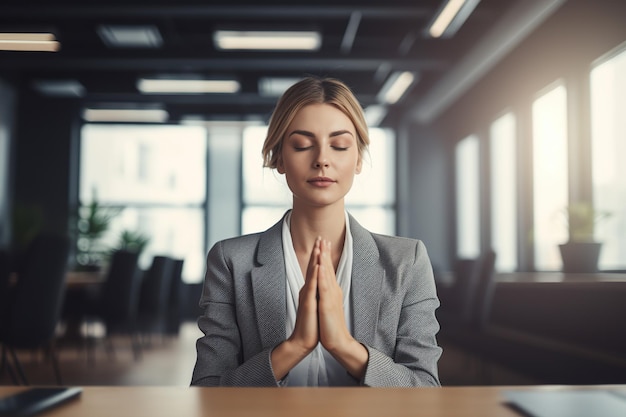 Mulher bonita sentada em uma postura de meditação com os olhos fechados e um sorriso em um escritório moderno que pode evocar uma sensação de relaxamento mindfulness e equilíbrio entre vida profissional e IA generativa