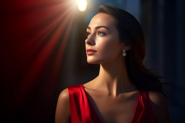 Foto mulher bonita solitária vestida de vermelho retrato de mulher atraente olhando para longe gerar ai