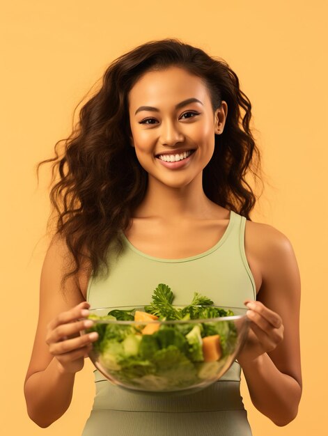 Foto mulher bonita sorridente segurando salada em uma tigela de vidro usando blusa esportiva curta