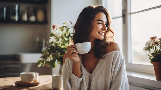 Mulher bonita sorrindo com uma xícara de café na cozinha de sua casa