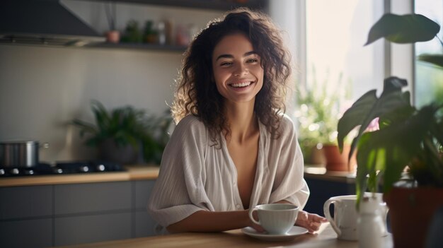 Mulher bonita sorrindo com uma xícara de café na cozinha de sua casa